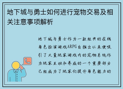 地下城与勇士如何进行宠物交易及相关注意事项解析